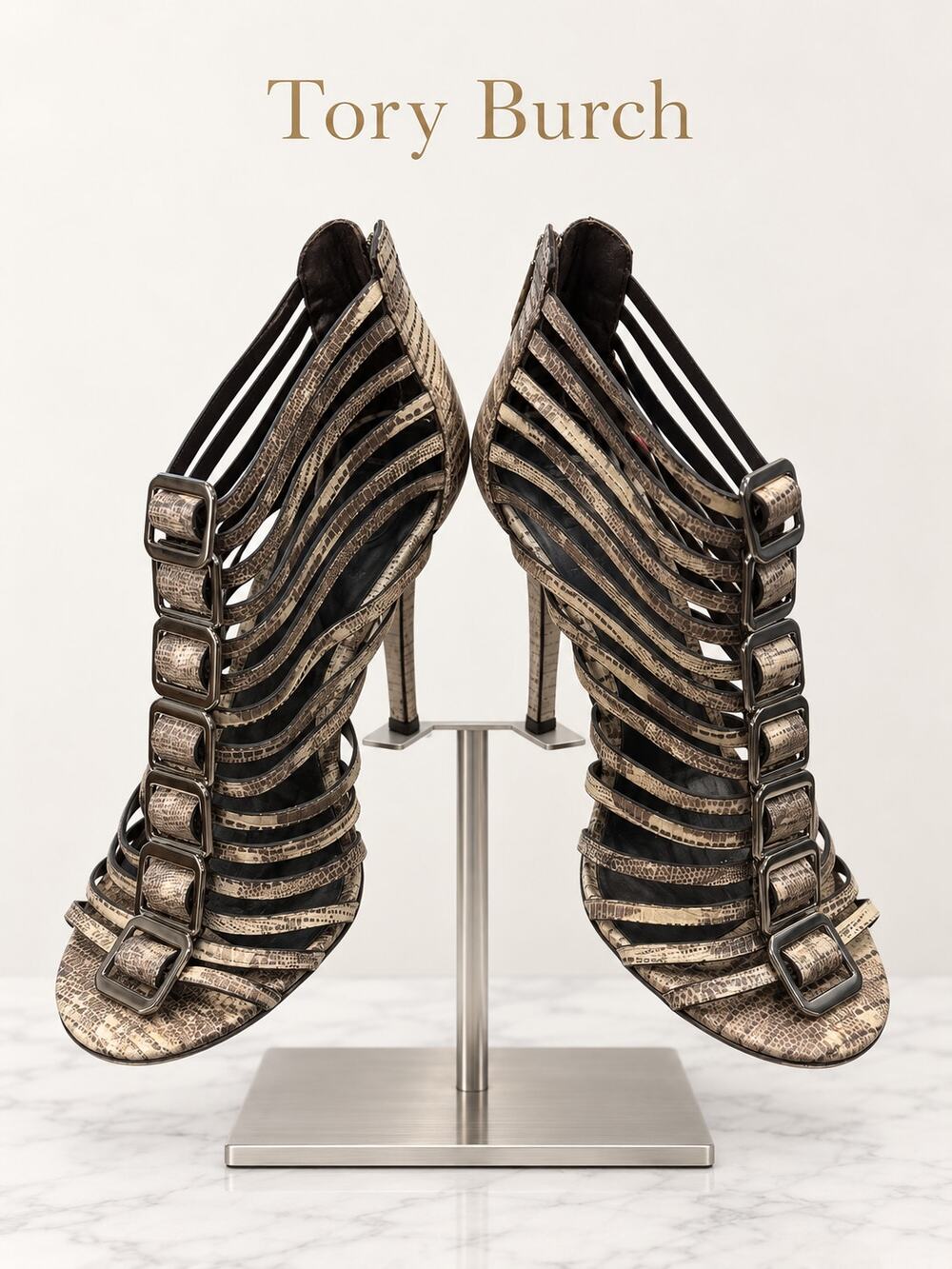 Tory Burch Cuba Caged Strappy Snake Print Stiletto Heels Size 7M